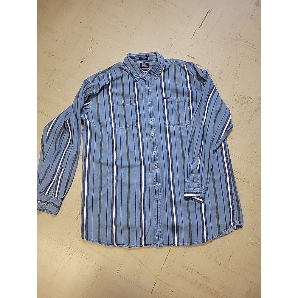 Vintage Dickies Mens Shirt 2XLT XXLT‎ Blue Striped Long Sleeve Button Down